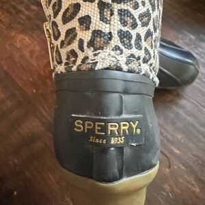 Gently used-Kids 12 black and leopard sperry boots